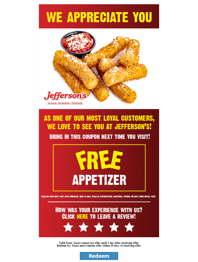 customer loyalty email example for restaurants