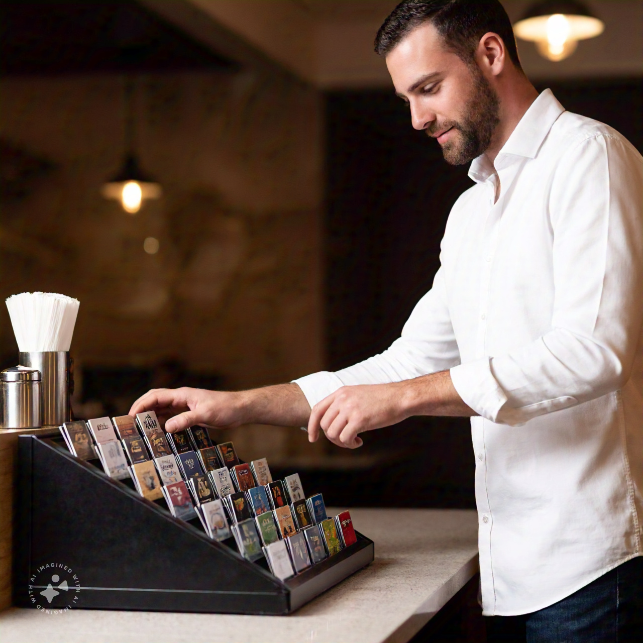 man choosing a gift card from a restaurant