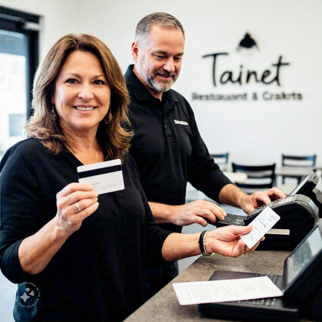 woman buying a gift card from a restaurant