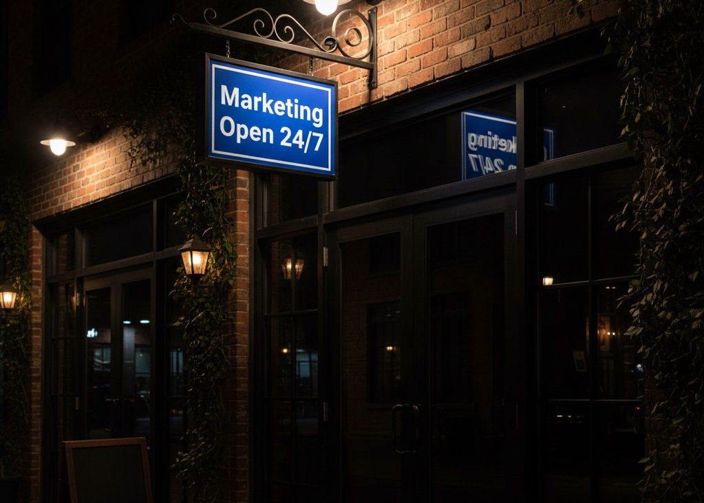 Marketing Open 24/7 Sign outside a restaurant