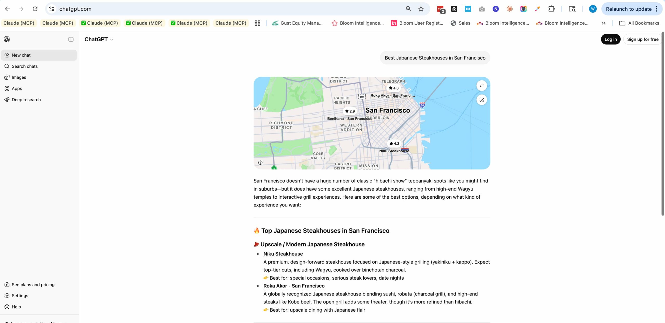 ChatGPT recommending Roka Akor San Francisco as a top Japanese steakhouse in response to the query 'best Japanese steakhouses in San Francisco' — showing map with Roka Akor and featured listing with description