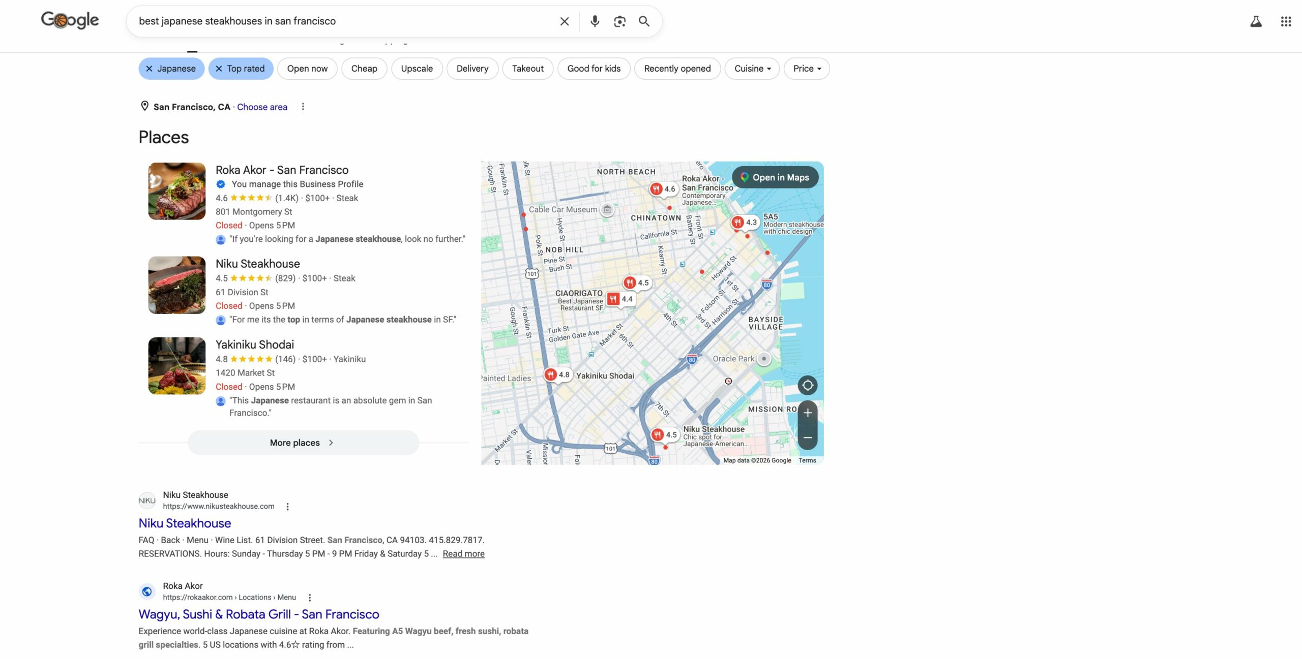 Google Search results showing Roka Akor San Francisco ranked first in the Places pack at 4.6 stars with 1,400 reviews, ahead of Niku Steakhouse and Yakiniku Shodai, for the query 'best Japanese steakhouses in San Francisco'